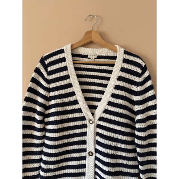 J. Crew Striped Open Knit V-Neck Cardigan Antique Navy Preppy Nautical Coquette - Picture 4 of 8